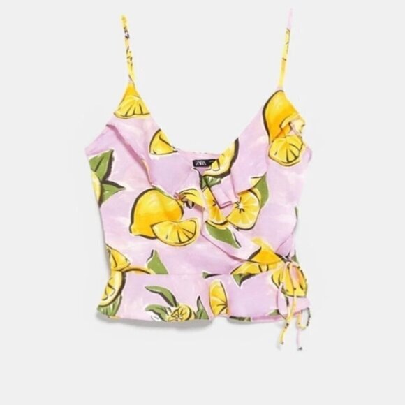Zara Cropped Wrap Top S Lemon Print Ruffle Summer Blogger Fav Travel Vacation - Picture 6 of 15